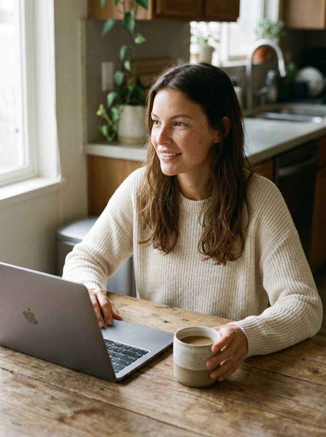 Kasey researching clinics at her kitchen table in Austin